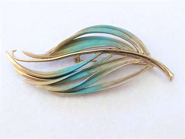 Vintage Aqua and Gold-Tone Feather Brooch by Lisa Lee