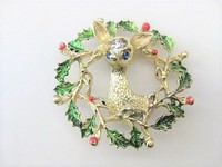 Reindeer in Holiday Wreath Brooch  by Gerrys