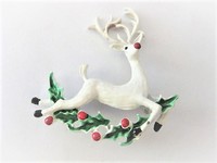 White Retro Deer with Garland Pin Brooch